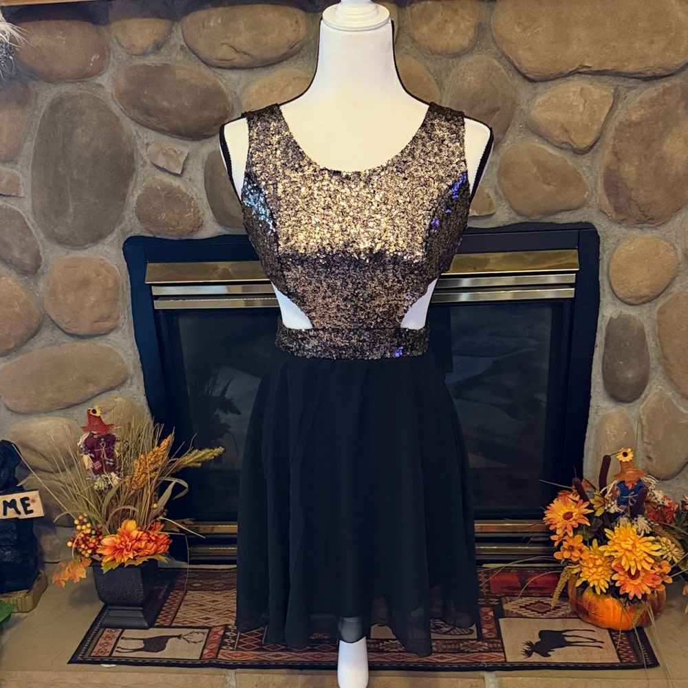 Black and Gold Sequin Cutout Dress